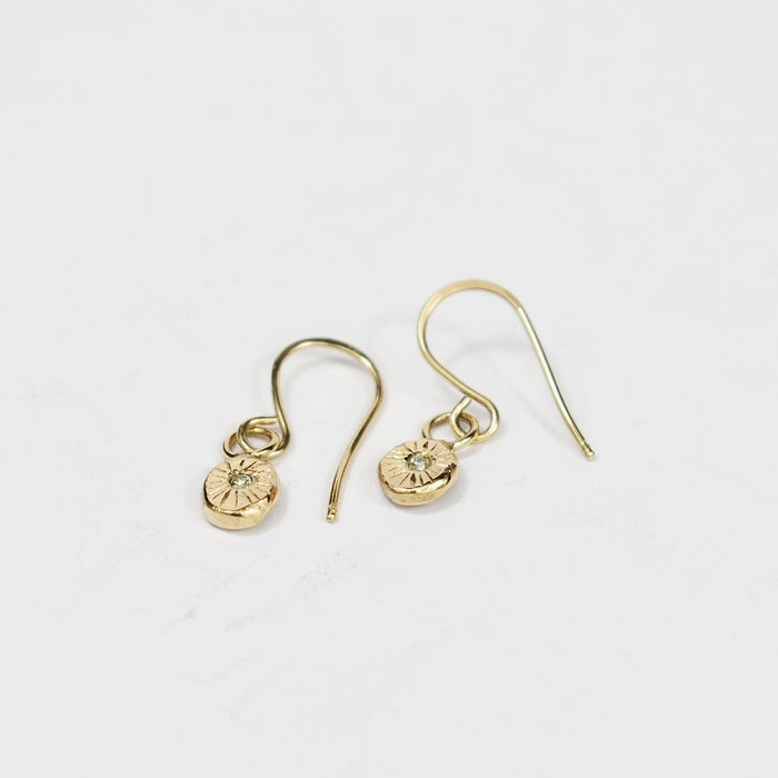 Tiny gold coin and diamond drop earrings