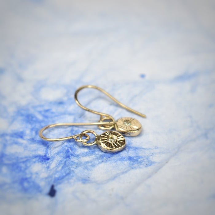 Tiny gold coin and diamond drop earrings